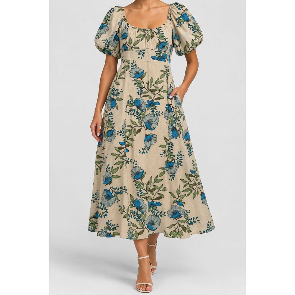 Tulip Creation Women’s L Floral Midi Dress Puff Sleeve Cotton Linen Cottagecore